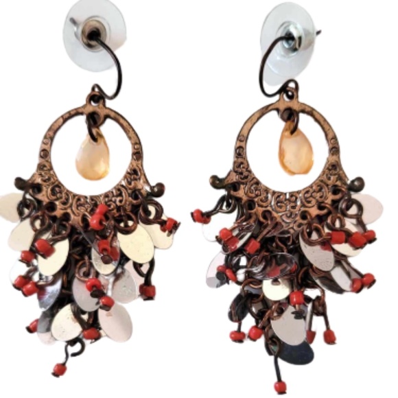 💞💗 Vintage Bronze Bohemian Antiqued Metal Beaded Chandelier Statement Earring - Picture 2 of 6